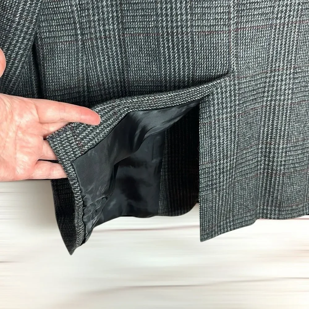 Vintage Hickey Freeman Wool Sport Coat Gray Houndstooth Glen Check size 48 L